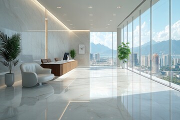 Minimalist Modern Office Interior with Large Windows and Sleek Furniture in Bright Airy Atmosphere