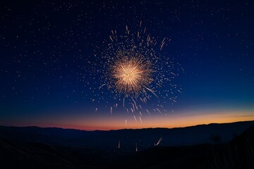 Fireworks exploding over a mountain range at sunset, stars visible in the night sky.