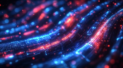 Obraz premium Futuristic Cybernetic Landscape Glowing Data Cables Information Transfer Background