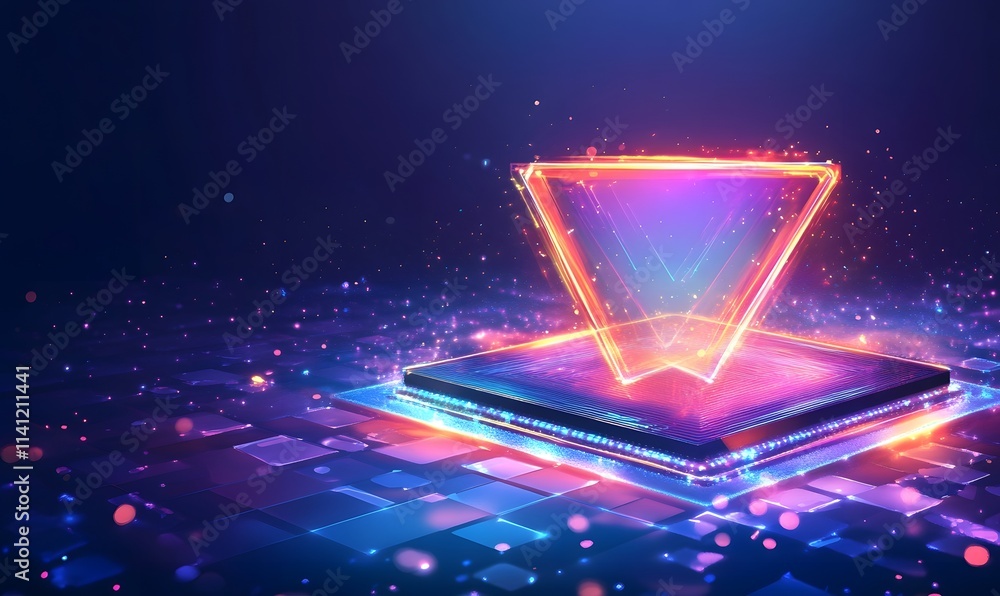 Poster glowing triangle projection on a platform with neon lights and particles.