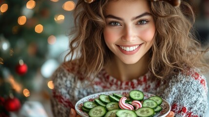 Happy woman with sliced cucumbers and candy cane, Christmas lights background.