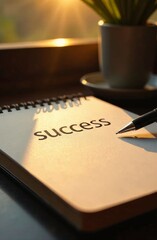 Soft morning sunlight pours onto a journal displaying the word success. A pen rests beside it, hinting at aspirations and plans in a calm, serene setting focused on achievement.