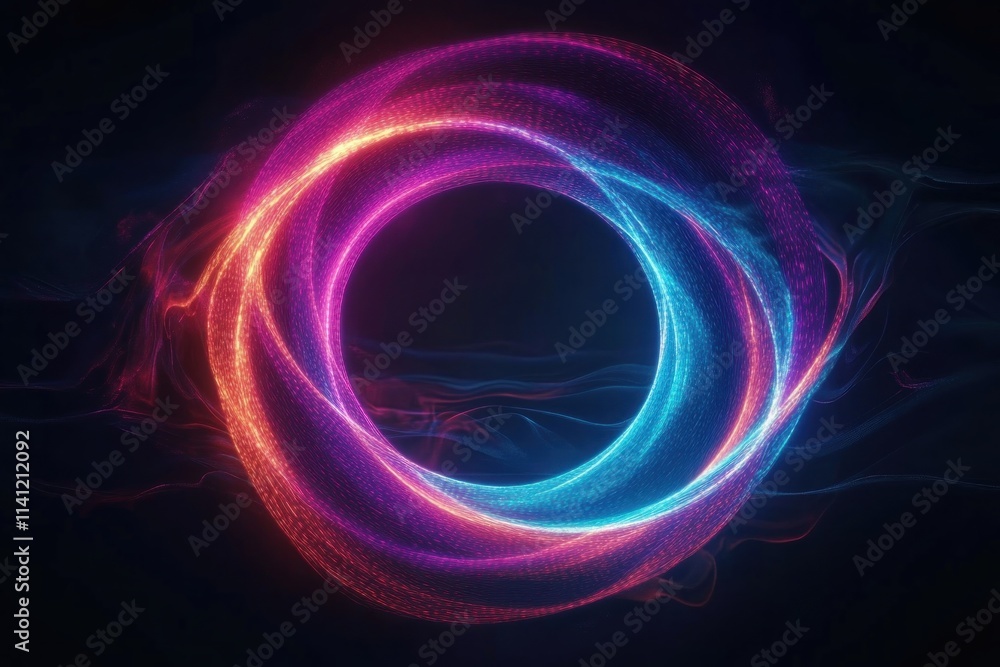 Poster dynamic neon circular wave pattern in dark digital art style with energy and motion