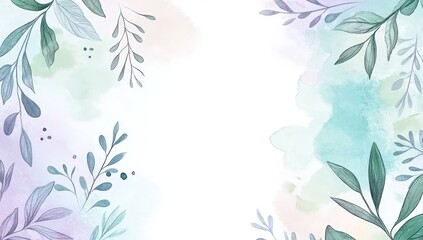 Watercolor floral frame with pastel leaves and branches on white background.