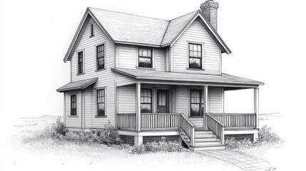 A detailed illustration of a two-story house with a porch and chimney.