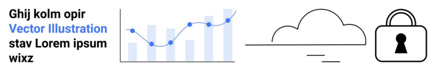 Bar graph with line chart illustrating data trends. Cloud icon and padlock symbol representing data storage and security. Ideal for presentations, reports, data analysis, cloud computing