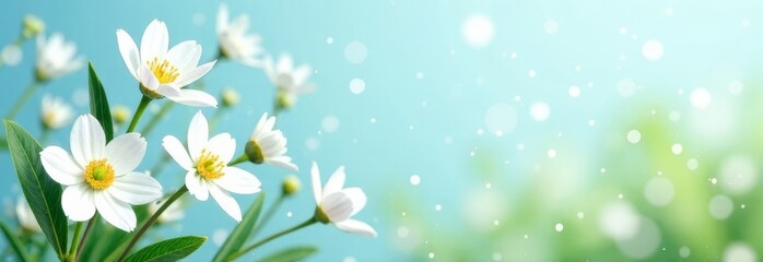Fototapeta premium Bright white flowers flourish in a serene garden setting, showcasing delicate petals and vibrant yellow centers. The soft blue backdrop is enhanced by gentle bokeh, creating a peaceful atmosphere.
