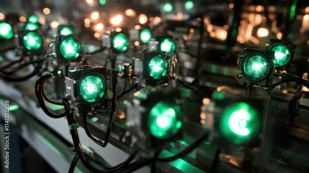 Poster an intricate network of connected sensors mounted on manufacturing equipment with blinking led light