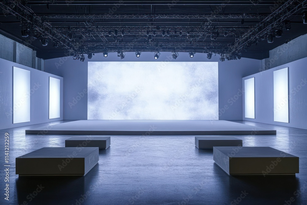 Poster minimalistic modern art gallery stage setup with truss and soft lighting in high-contrast monochrome