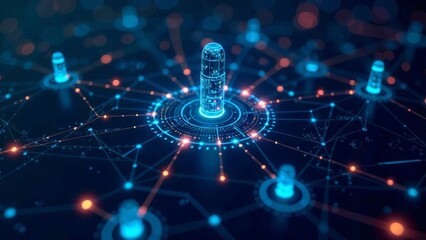 A vibrant display of interconnected digital nodes illuminated in blue and orange. The design highlights a central node surrounded by a network of smaller nodes, suggesting data flow and connectivity.