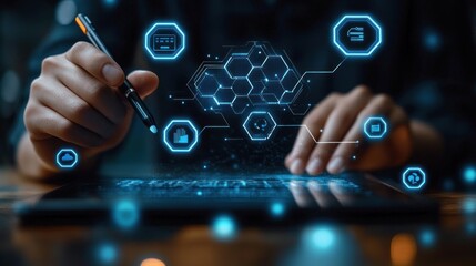 Modern Digital Workspace Cloud Technology User with Tablet Stylus Innovative Data Transfer and Storage Concept