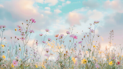 Fototapeta premium Pastel pink cosmos flowers in a field under a soft sky.