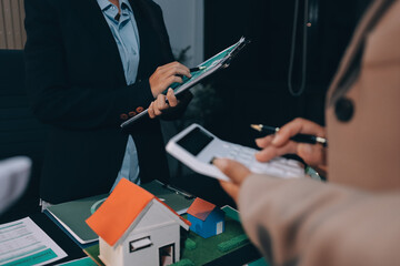 Fototapeta premium Carbon offset price report CO2 emission. Future growth Net zero waste in ESG ethical SME office protect climate change global warming social issues project. Group of asia people Eco friendly SDGs plan