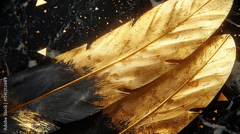 Poster exquisite golden and black feathers rest on a textured dark surface, capturing light and enhancing t