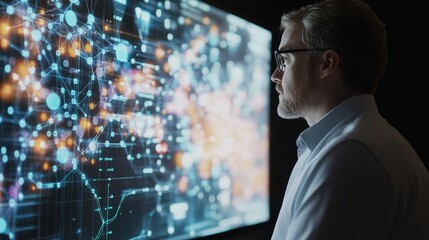 Fototapeta premium A data scientist analyzing a large screen filled with interconnected graphs and AIdriven predictions related to supply chain logistics with a focus on optimizing inventory levels and