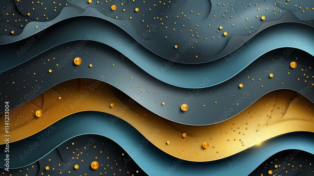Poster curved layers in shades of dark blue and gold overlap, creating a flowing abstract design. small gol