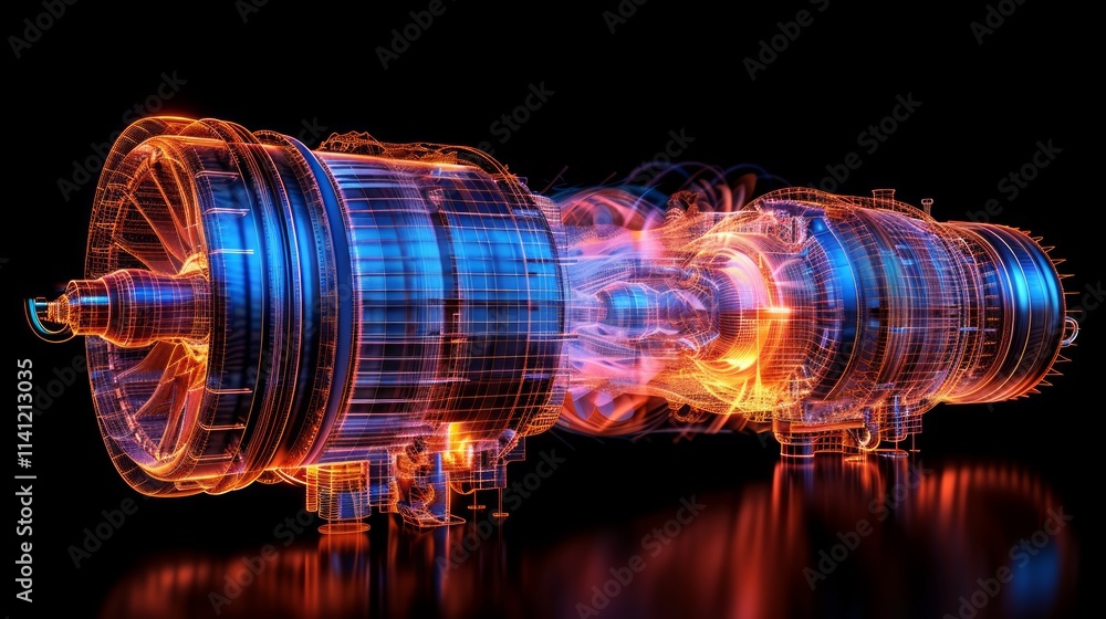 Poster transparent fiery turbine engine with blueprint view.
