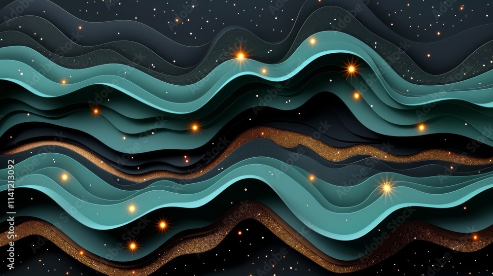 Poster curved lines in shades of teal and gold create a mesmerizing pattern, contrasting against a deep bla