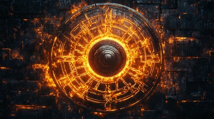 Fiery circular rune symbol embedded in a stone wall.