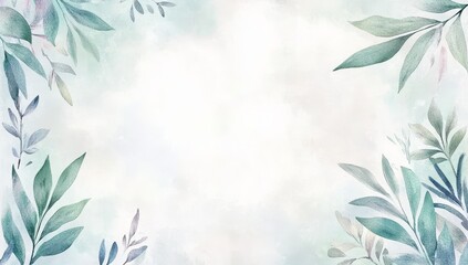 Watercolor floral frame with teal and green leaves on a soft white background.