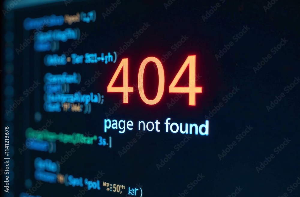 Poster a bright red error message prominently shows 404 page not found on a dark background filled with cod