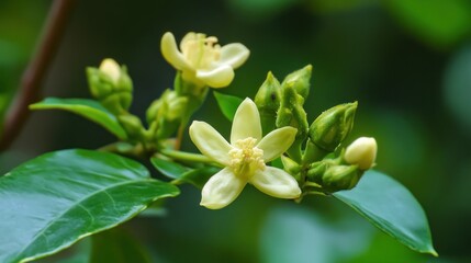 Pale Yellow Flowers Bloom On Green Leaves