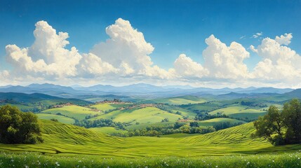 Fototapeta premium Vibrant Tea Fields Landscape Impressionism Bright Blue Sky Nature