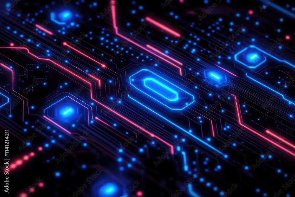 Poster futuristic abstract digital circuit board design with neon blue lines and dark background for techno
