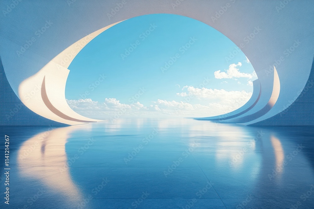 Poster minimalist architecture with curved walls and reflective blue floor in a tranquil space
