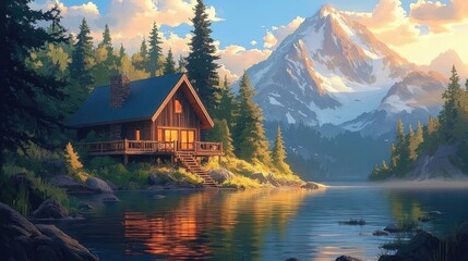 Fototapeta premium Lakeside Cabin Surrounded by Forest and Mountains in Pastel Sunset Colors
