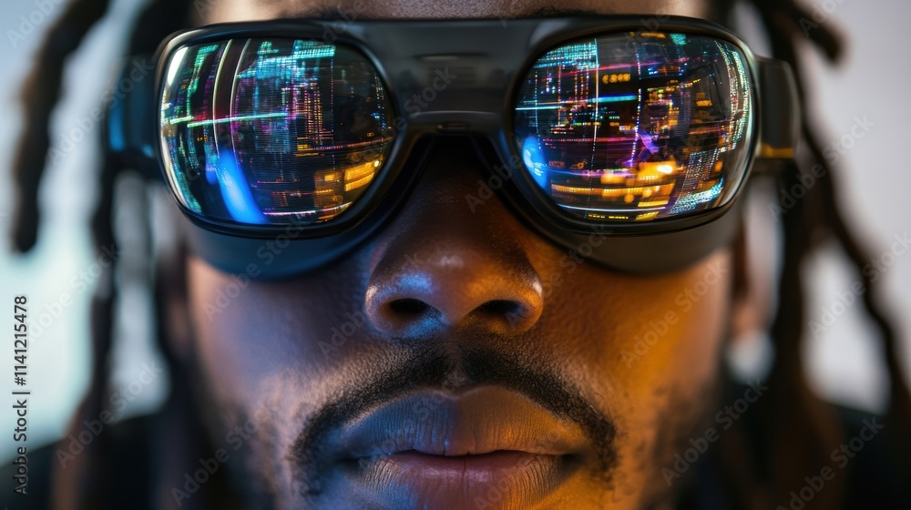 Poster closeup of an employee wearing virtual reality goggles their expression intense with reflections of 