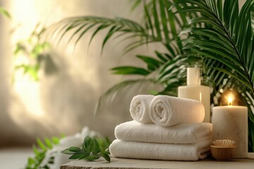 Soft White Towels and Relaxing Spa Elements with Candles and Green Leaf Background for a Tranquil Commercial Setting