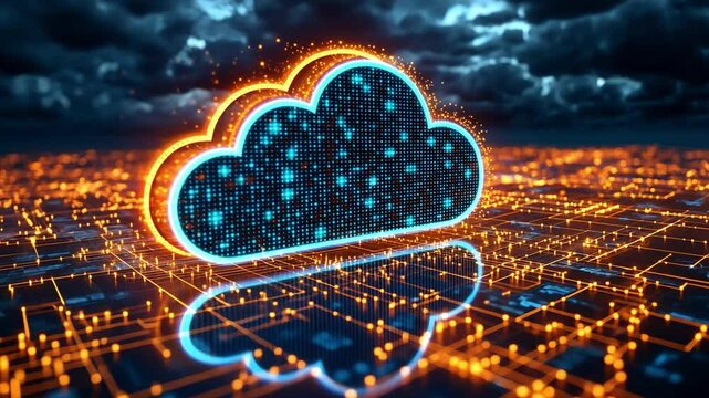 Digital cloud computing visual with glowing network connections under a dark sky