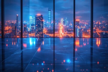 Minimalist Interior Space with City Skyline View at Night