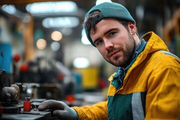 Young man with Down syndrome working happily in industrial factory integrating into diverse workforce