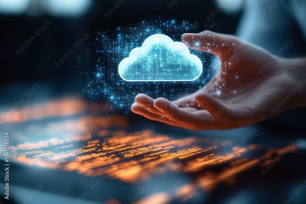Poster downloading data from cloud storage in digital workspace with modern technology and devices