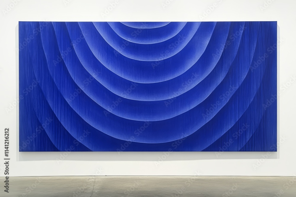Poster abstract blue artwork featuring curved wave patterns and gradients in a contemporary gallery setting
