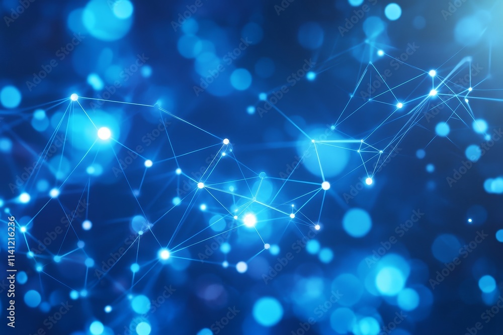 Poster abstract blue background with glowing lines and dots, representing digital connections, network comm