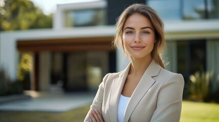 Confident Real Estate Agent Woman Poses Outside Modern Suburban Home Ready to Assist Buyers