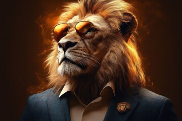 Stylish lion in a fashionable suit and sunglasses posing as a supermodel in a studio portrait