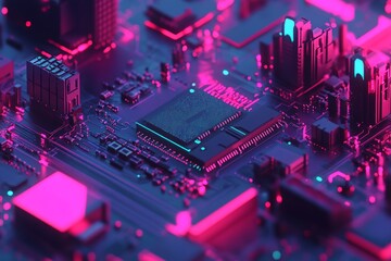 Obraz premium Abstract Close-Up of a Colorful Circuit Board with Neon Lighting, Featuring an Electronic Chip Surrounded by Complex Patterns and Structures for Technology Themes
