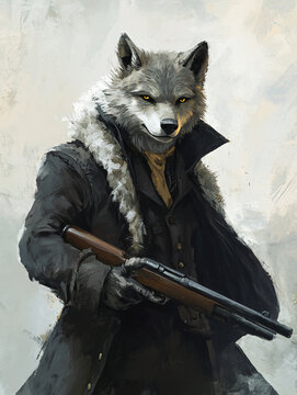 Anthropomorphic wolf holding shotgun dark gritty attire painted realistic style fantasy action art book cover gaming concept design character clipart wallpaper fighter gangster artistic noir combat