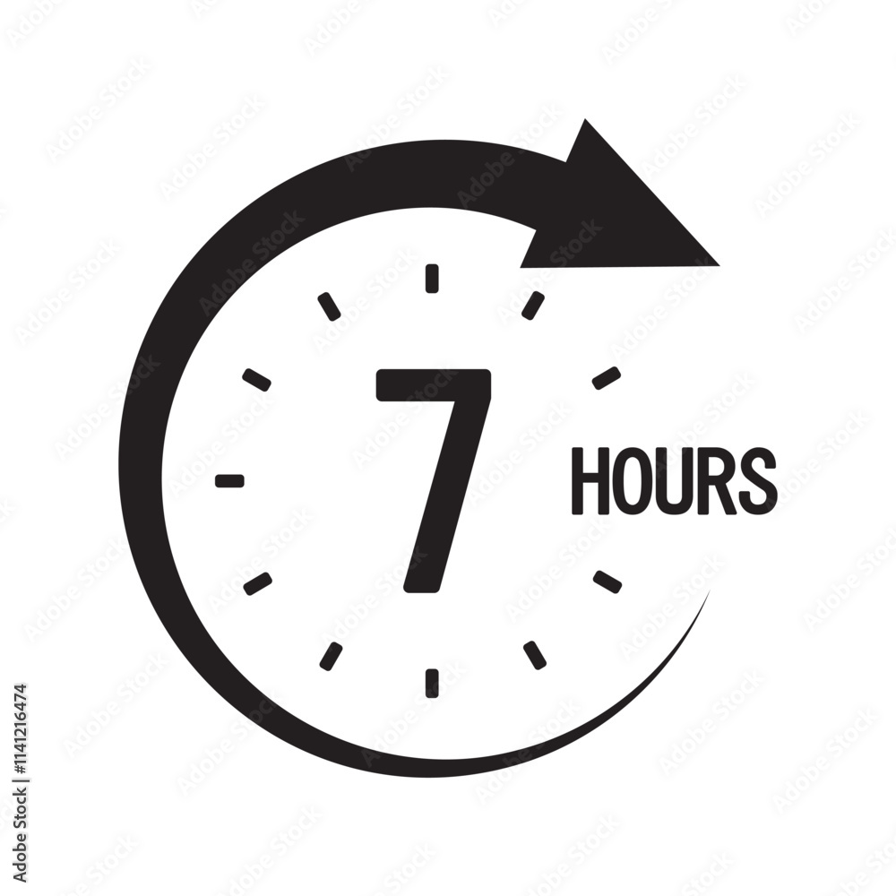 Poster seven hours icon. bold 7 text. circular clock symbol. countdown timer graphic.