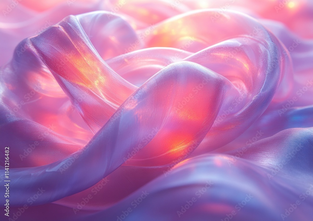 Poster Iridescent Transparent Ribbons 3D Render on White Background with Smooth Curves and Fluid Shapes