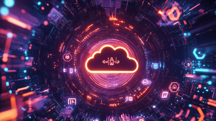 Obraz premium Glowing Cloud Icon in Circular Data Flow Network with Surrounding Tech Icons