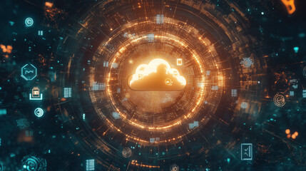 Obraz premium Glowing Cloud Icon in Circular Data Flow Network with Surrounding Tech Icons