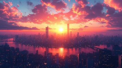 Urban Cityscape at Sunset Illustration with Skyscrapers and Vibrant Skyline