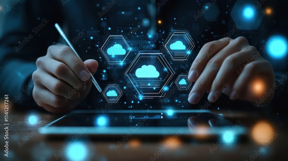 Poster businessman using stylus on tablet in digital workspace with cloud technology and network icons