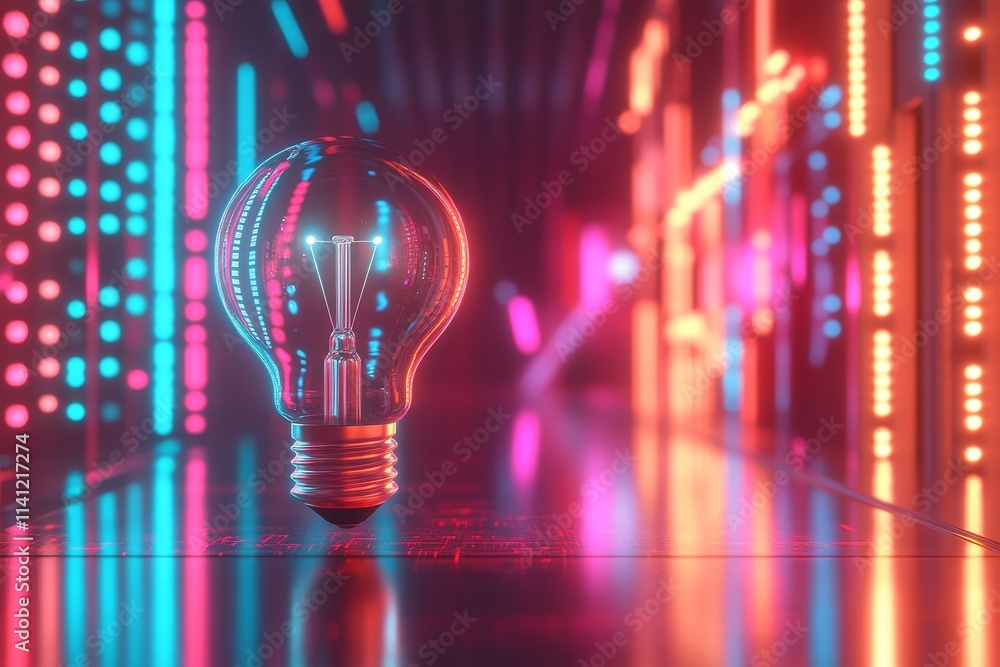 Poster abstract light bulb surrounded by neon reflections in a digital environment with futuristic colors a