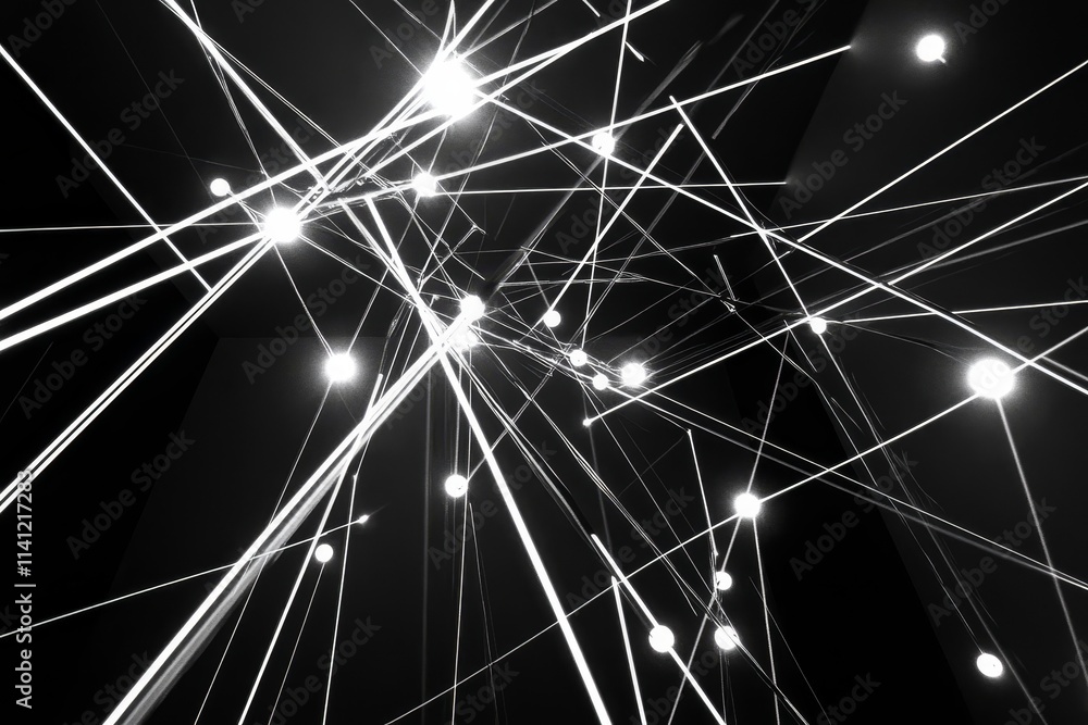 Poster abstract light composition with radiant points and streamlined rays emitting in various directions a